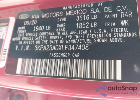 2020 Kia Rio 5-Door S z USA, uszkodzony, nr VIN 3KPA25ADXLE347408